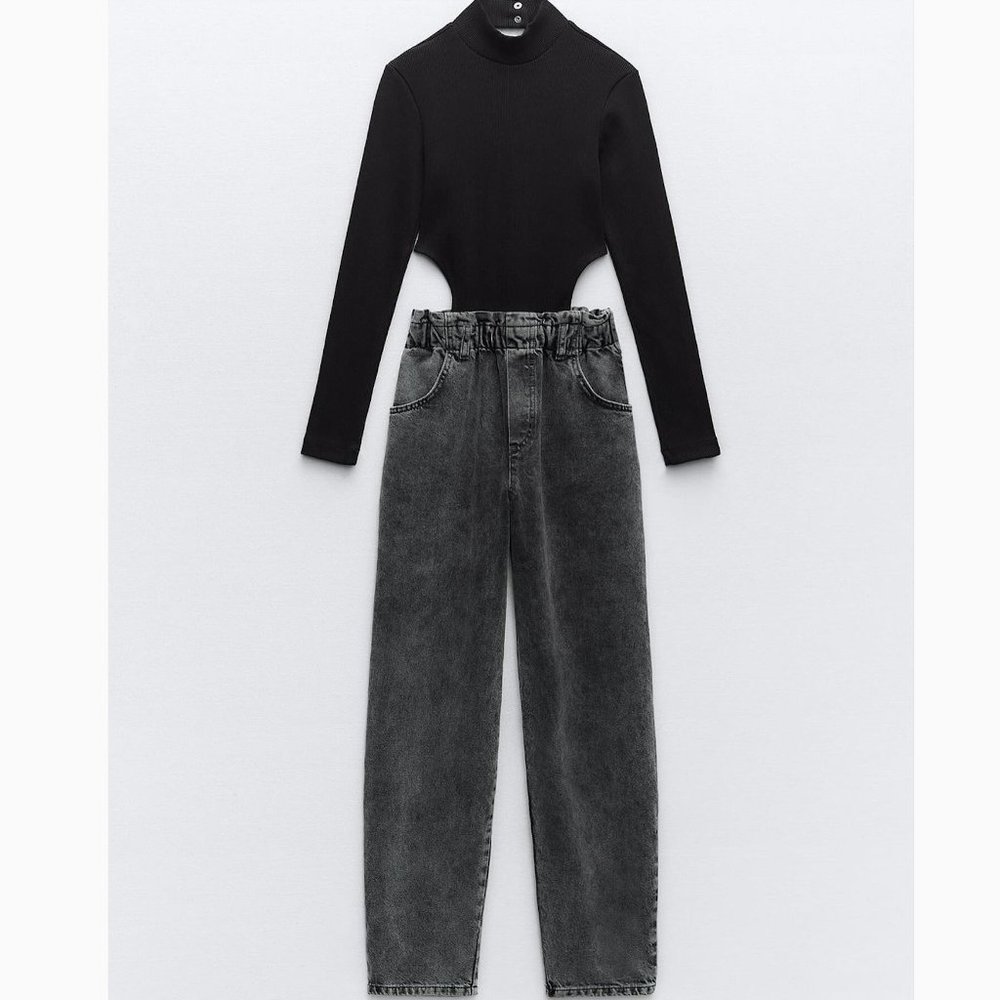 Zara Contrasting Denim Jumpsuit Black Gray NWT - Picture 12 of 12